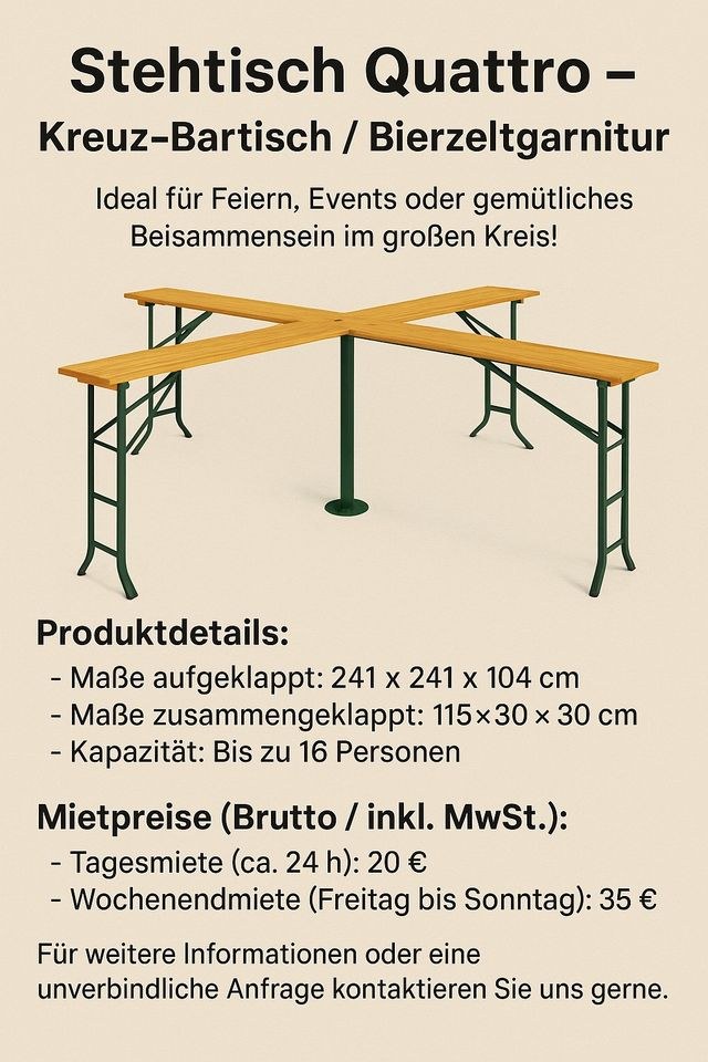 Stehtisch Quattro Kreuz Bartisch mieten bei Lucios Vermietung