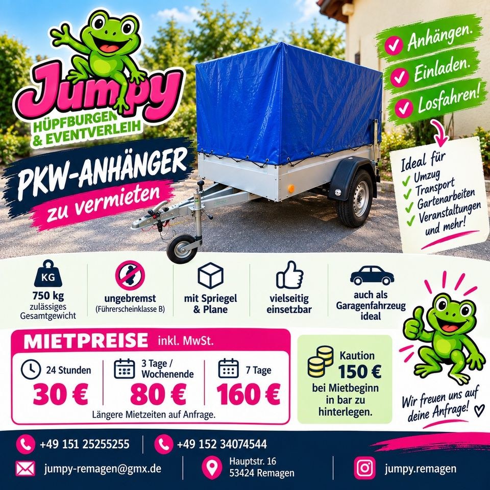 PKW Anhänger 750 kg Plane mieten bei Jumpy Hüpfburgenverleih