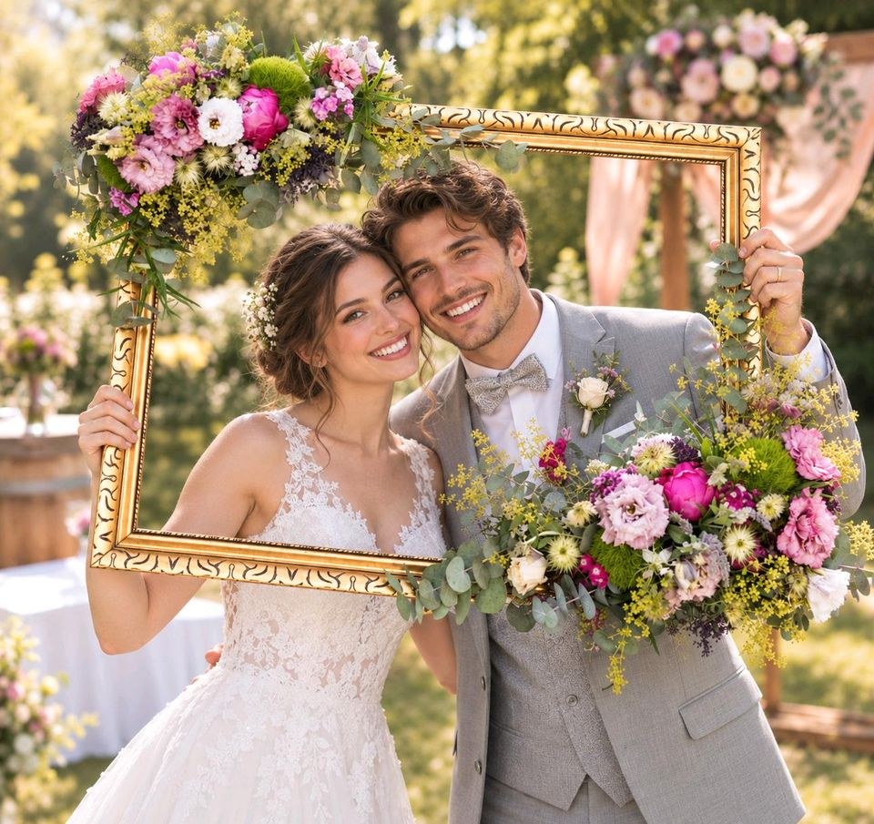 Fotorahmen Blumenschmuck mieten in Neu Ulm – für die Hochzeit