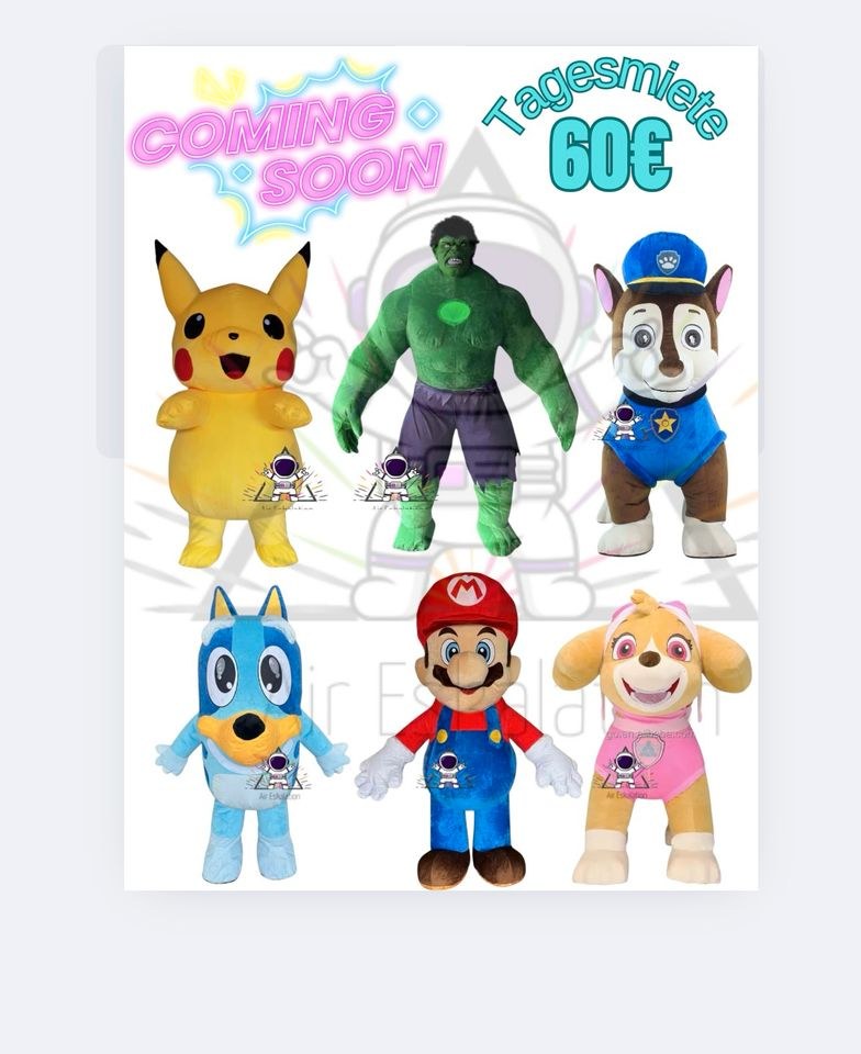 Maskottchen Bluey,Super Mario,Hulk,Pikachu,Paw mieten