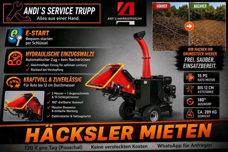 Häcksler Schredder Holz Äste Garten mieten bei Andi´s Anhängerverleih