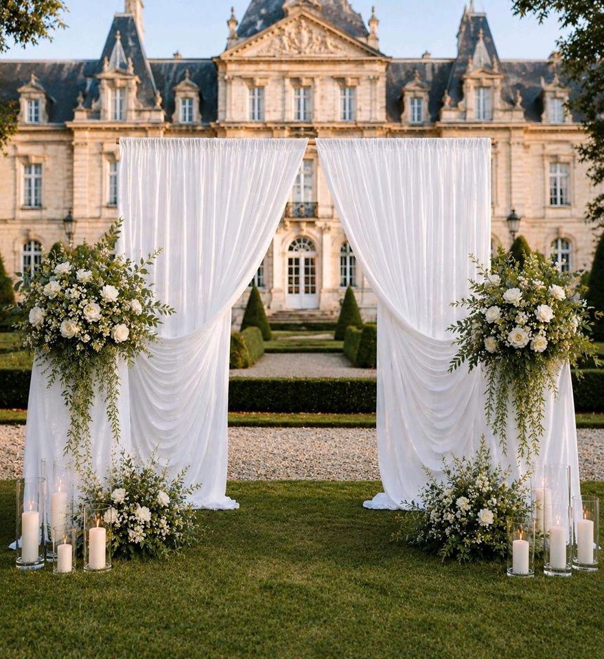 gold quadratisch Traubogen Fotowand mieten bei Areletia-Weddings