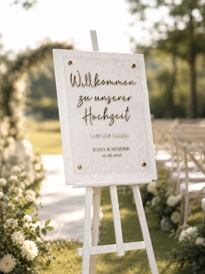 Willkommensschild Blumen Acryl 3D Optik mieten bei Areletia-Weddings