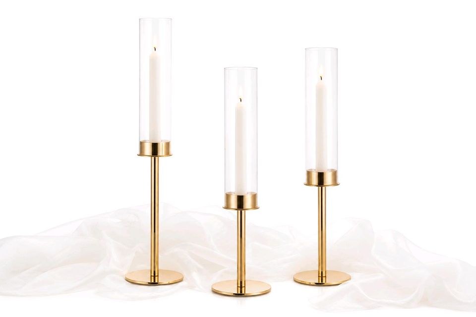 8x Set Gold Stabkerzenständer m Glaszylinder mieten