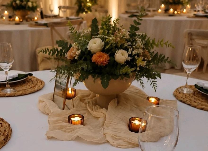 12x beige Blumenschale Blumenturm Vase mieten bei Areletia-Weddings