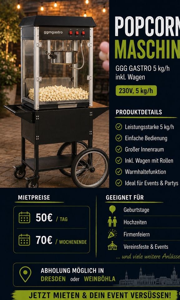 Profi Popcornmaschine GGM Gastro 5 kg h inkl mieten bei André Schirmer