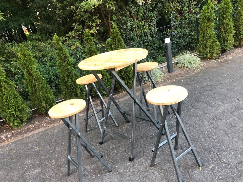 Stehtisch Holzplatte Hussen Rot Schwarz mieten in Oerlinghausen – 3