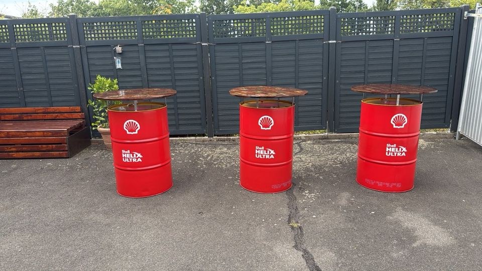 Stehtisch ECHTES Ölfaß Mangoholzplatte mieten in Offenbach – 2