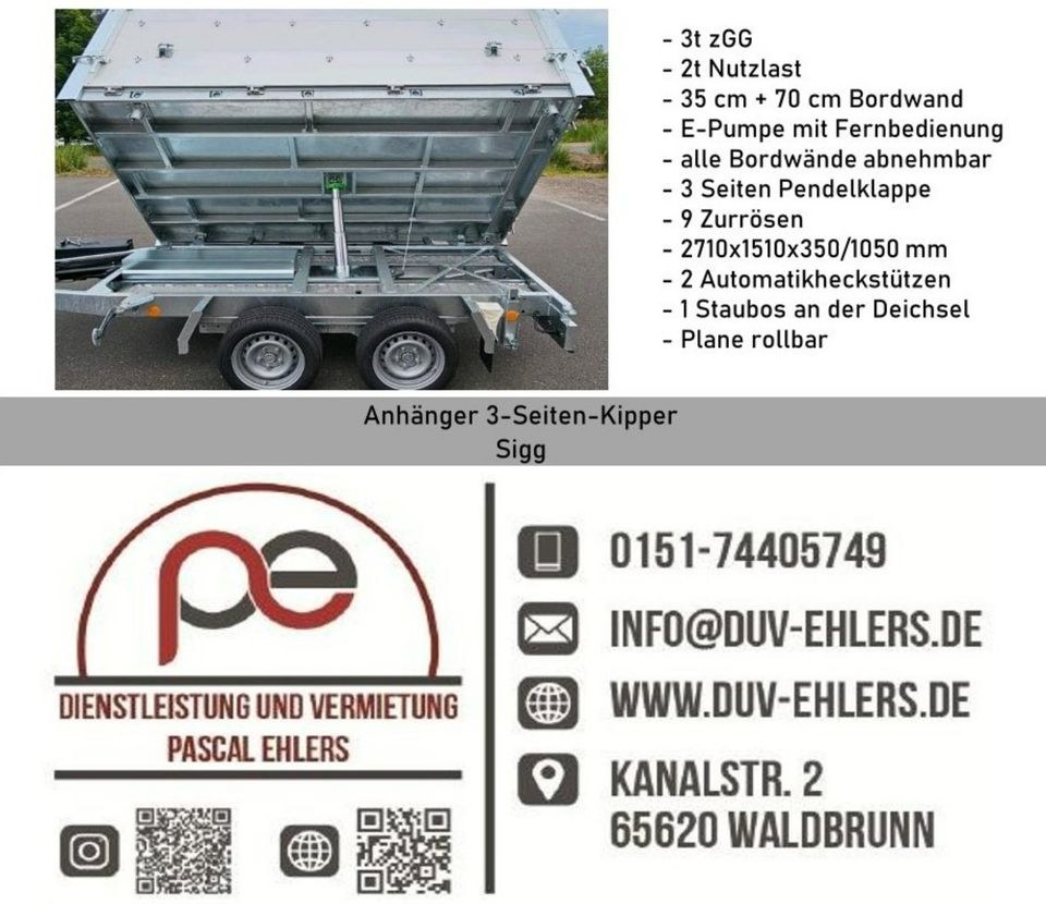 Anhänger Dreiseitenkipper 3t Sigg mieten in Waldbrunn