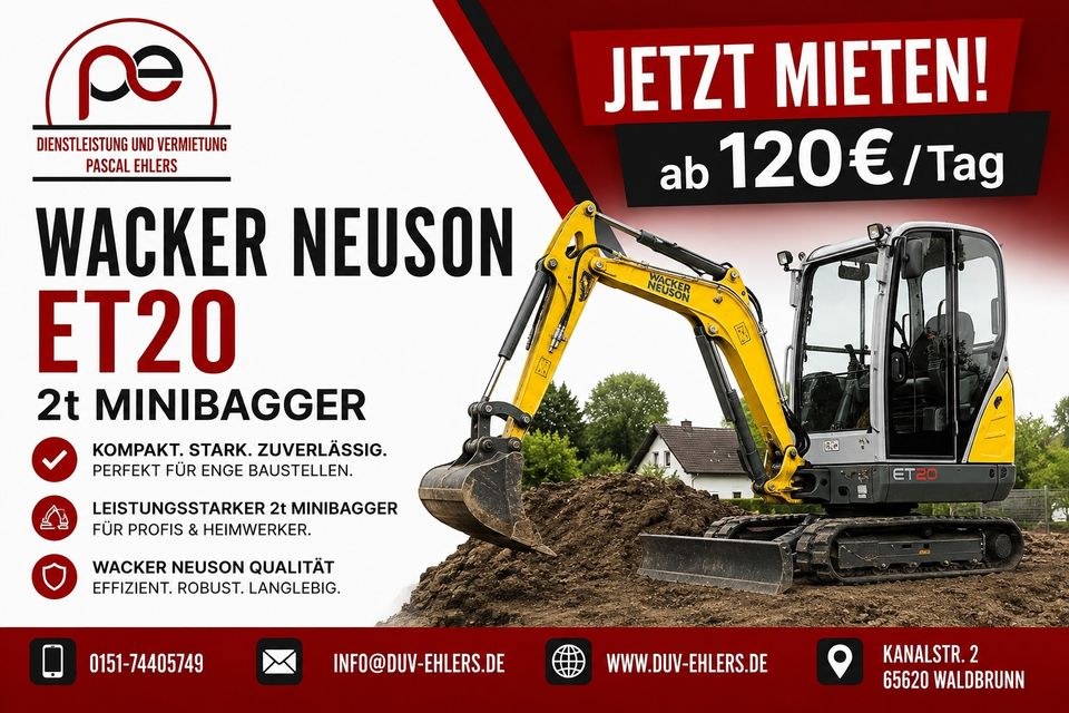 2t Minibagger Wacker Neuson ET20 mieten in Waldbrunn