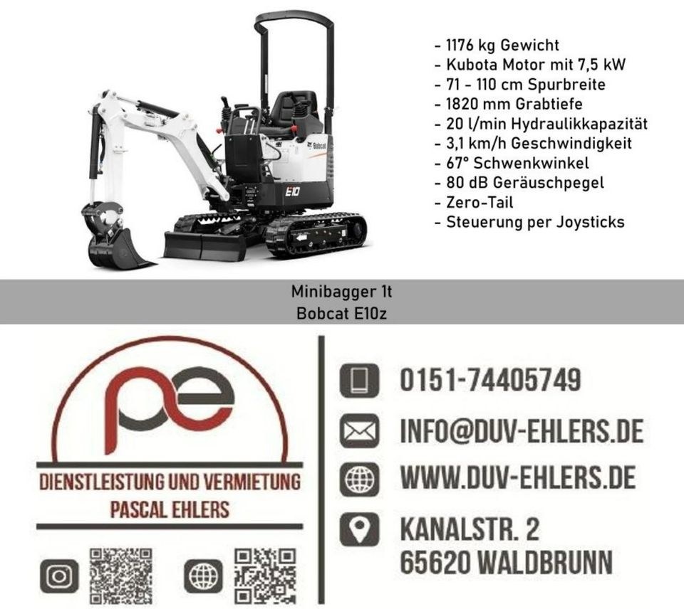 Minibagger Bobcat E10z mieten in Waldbrunn