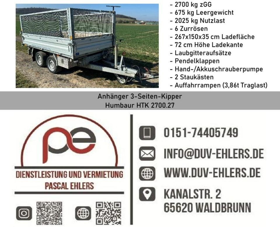 Anhänger Dreiseitenkipper 2,7t Humbaur mieten in Waldbrunn
