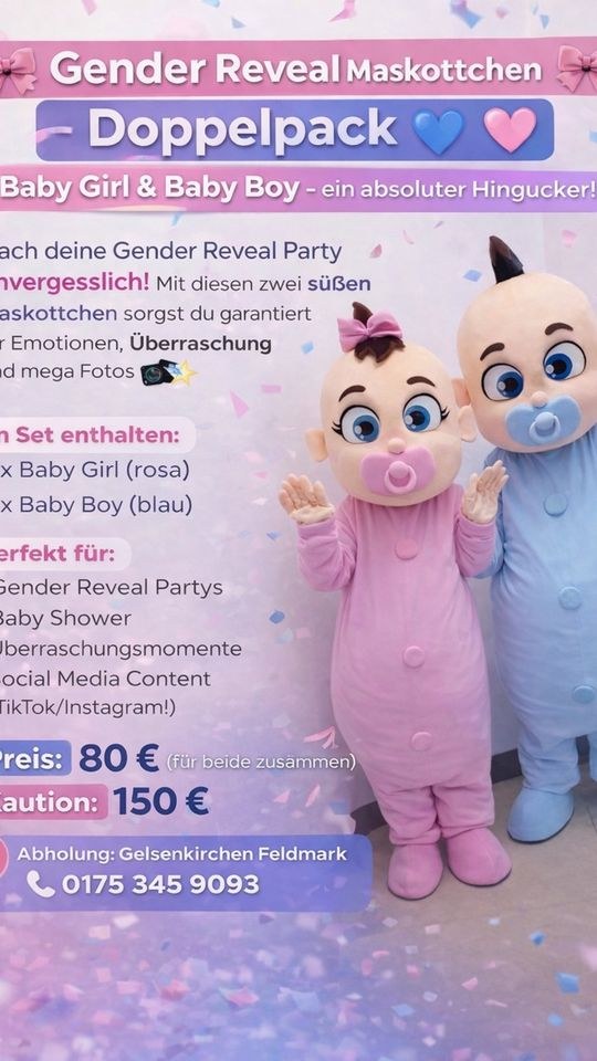 Gender Reveal Maskottchen Baby Girl& Boy mieten bei Elma Eventservice