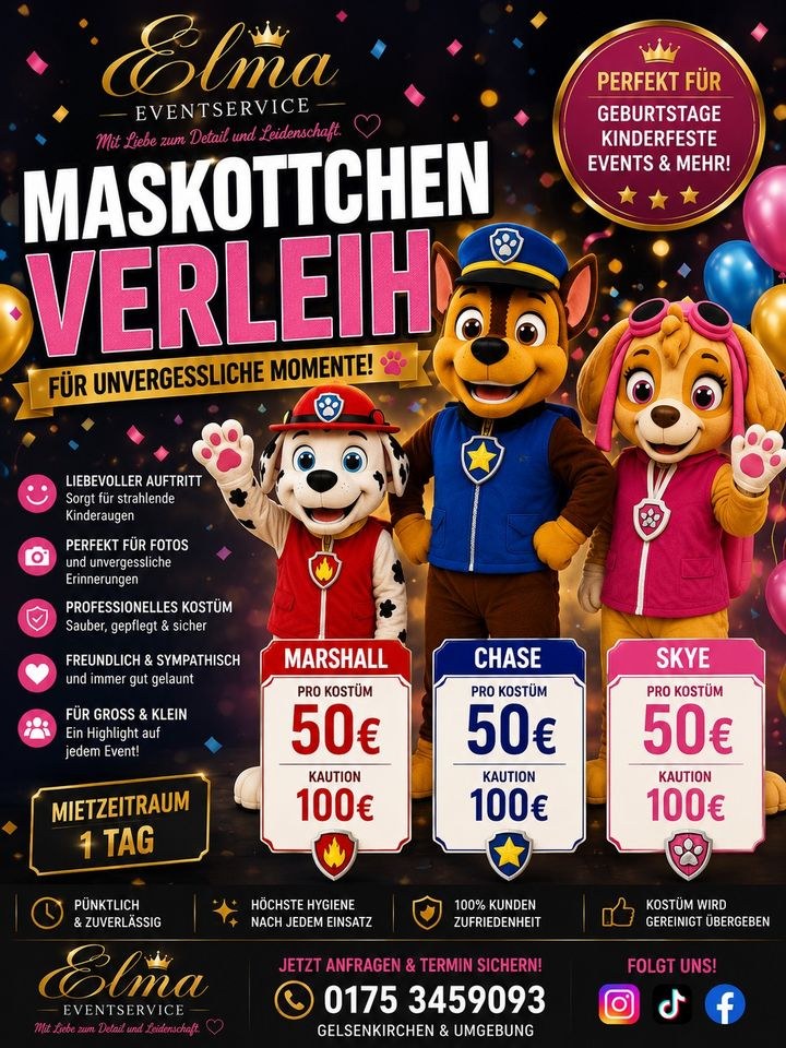 Paw Patrol Maskottchen Chase Marshall Skye mieten in Gelsenkirchen