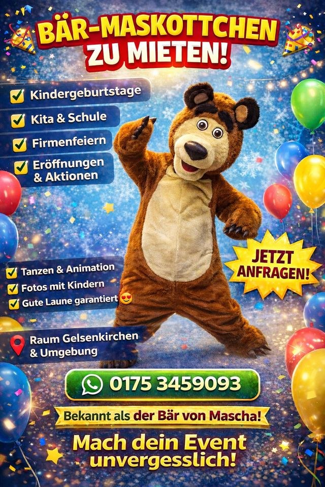 Maskottchen Bär Mascha Kindergeburtstag mieten bei Elma Eventservice