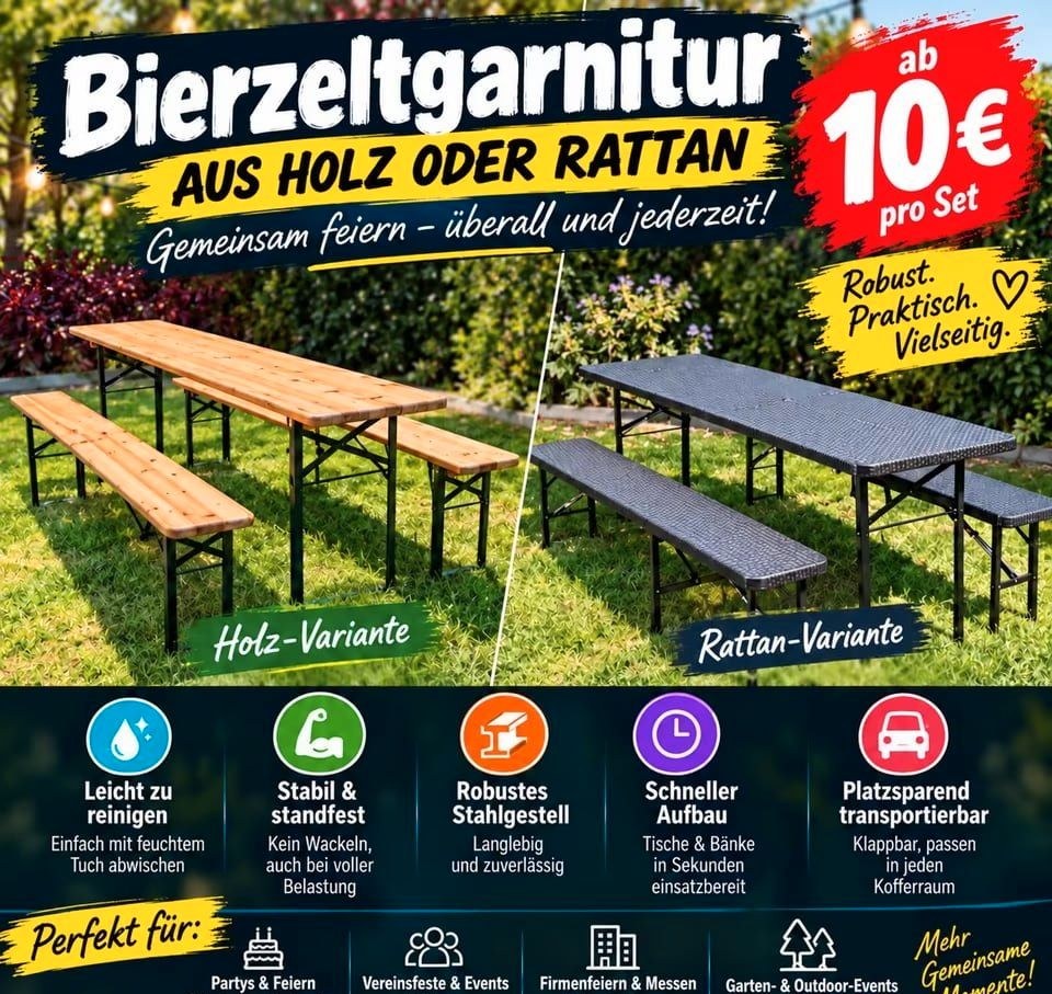 ✨Klapptische Bänke Bierzeltgarnitur Holz o mieten bei C.Wunsch