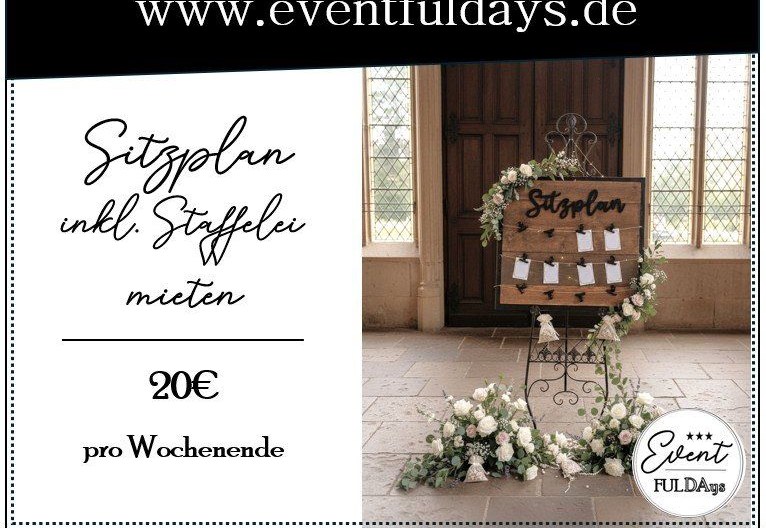 Schild Sitzplan Holzschild Willkommen Staffelei mieten in Fulda – 2