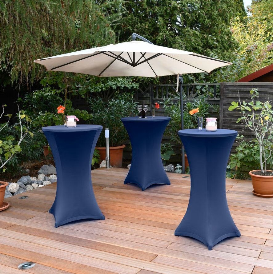 Blaue schwarze weiße Stehtisch Hussen mieten in Mülheim (Ruhr) – 2