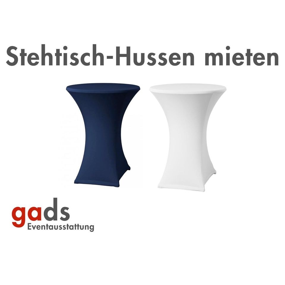Blaue schwarze weiße Stehtisch Hussen mieten in Mülheim (Ruhr)