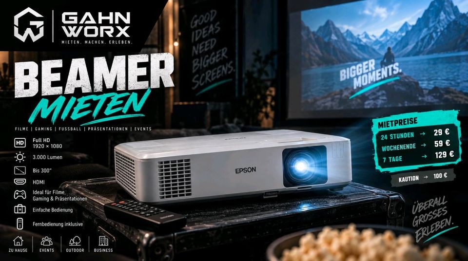 Beamer FullHD Heimkino Fußball mieten bei Linus Gahn Gahn Worx
