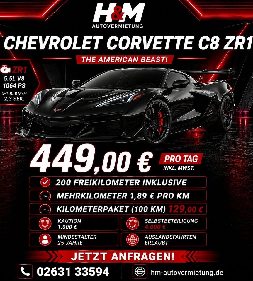 Chevrolet Corvette C8 ZR1 mieten in Neuwied – Fahrspaß auf Zeit
