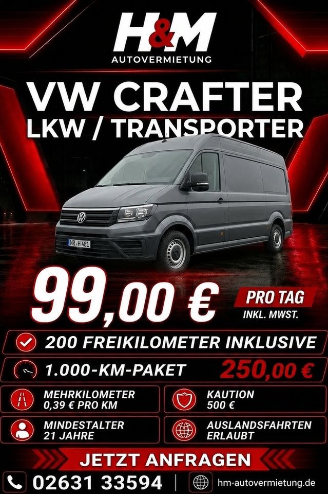 VW Crafter LKW Transporter mieten in Neuwied – für Umzug & Transport