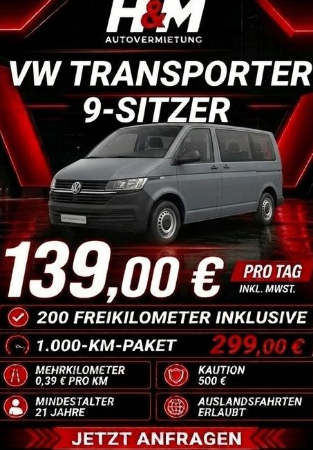 VW 9 Sitzer mieten bei H&M Autovermietung – für Gruppe & Team