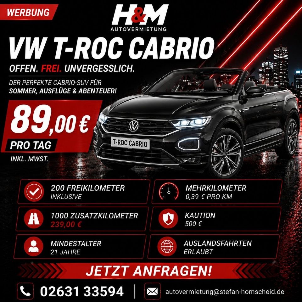 VW T Roc Cabrio mieten bei H&M Autovermietung – fair mieten