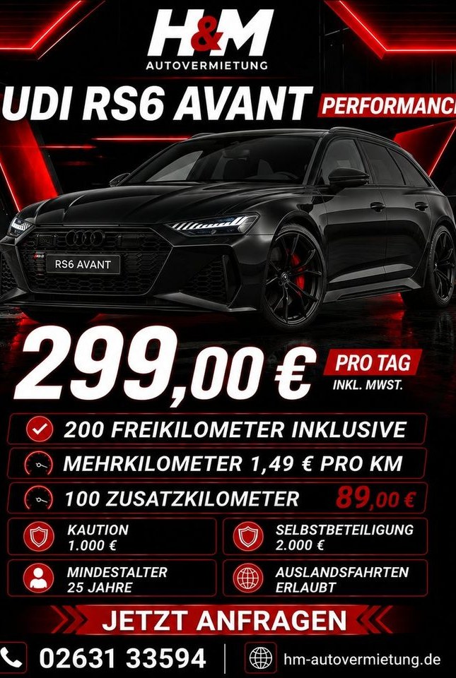 Audi RS6 Avant Performance mieten in Neuwied – Fahrspaß auf Zeit