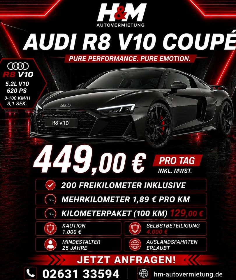 Audi R8 V10 Coupé mieten bei H&M Autovermietung – fair mieten