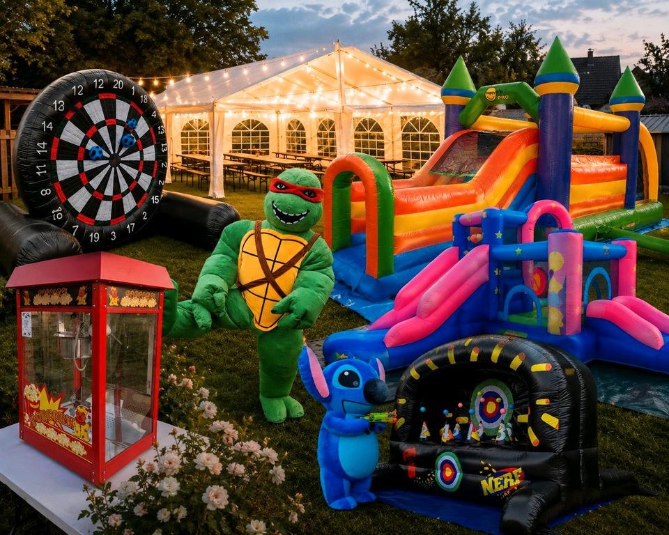 Partyzelt Hüpfburg Maskottchen mieten bei Klassen – für jedes Wetter