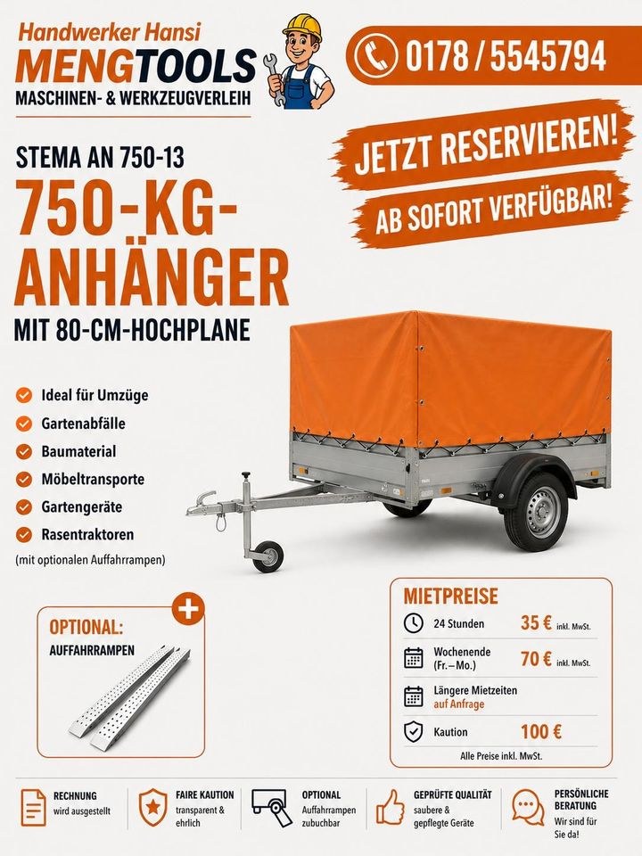 Anhänger 750kg Hochplane Kastenanhänger mieten bei MENGTOOLS