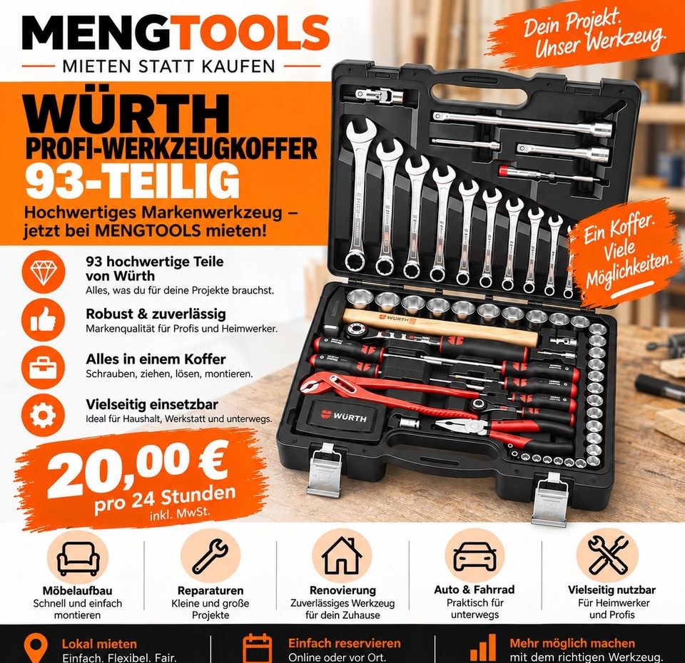 WÜRTH Profi Werkzeugkoffer 93 tlg Möbelaufbau mieten bei MENGTOOLS – 2