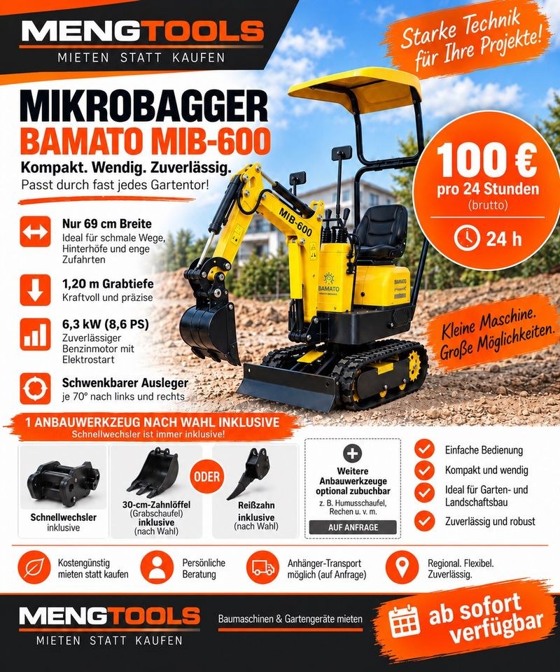 Mikrobagger 600kg BAMATO Minibagger 69cm breit mieten bei MENGTOOLS – 2