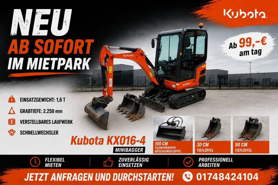 Kubota KX 16 4 Minibagger Bagger mieten bei Mieten Statt Kaufen AVS