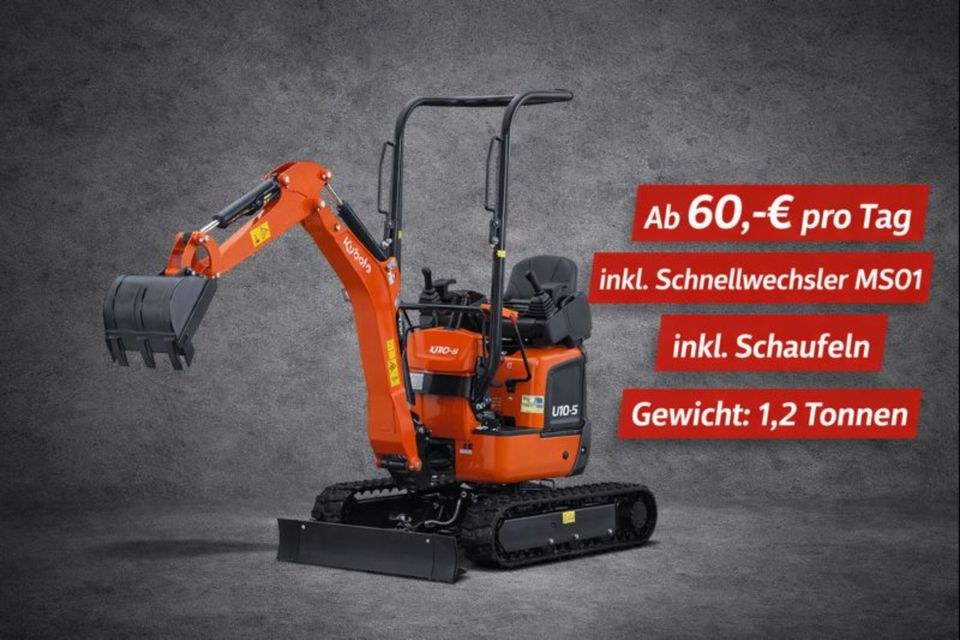 Mikrobagger Kubota U10 5 N mieten bei Steinhanses-Landtechnik