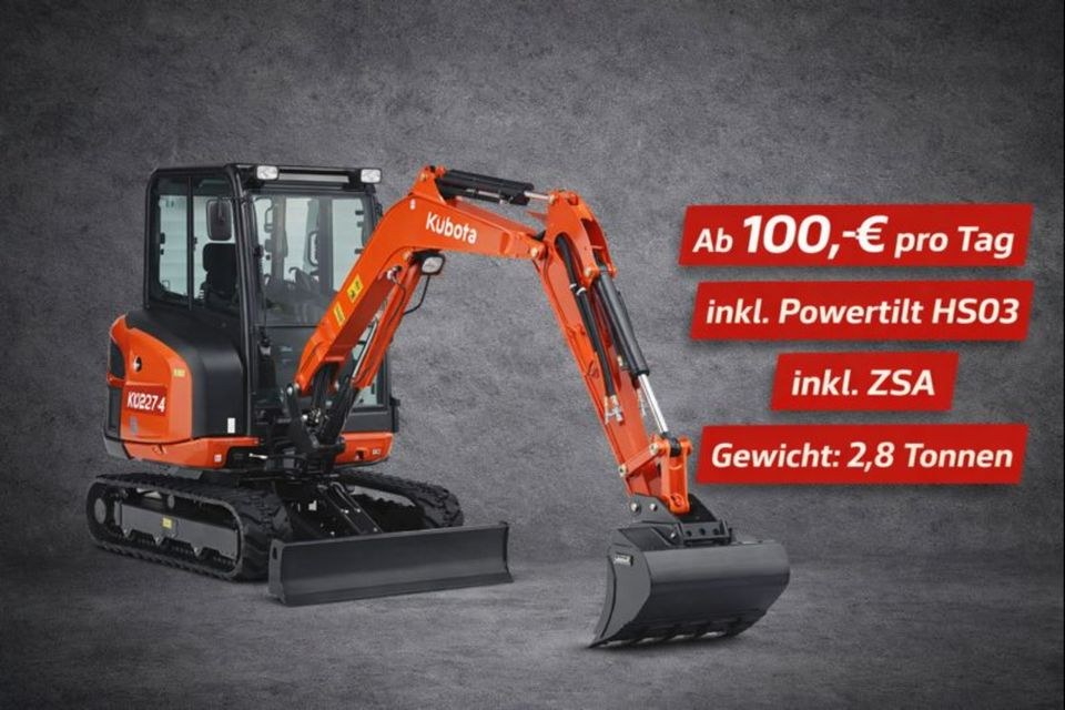 Minibagger Kubota KX027 N mieten bei Steinhanses-Landtechnik