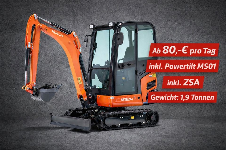 Minibagger Kubota KX019 N mieten bei Steinhanses-Landtechnik