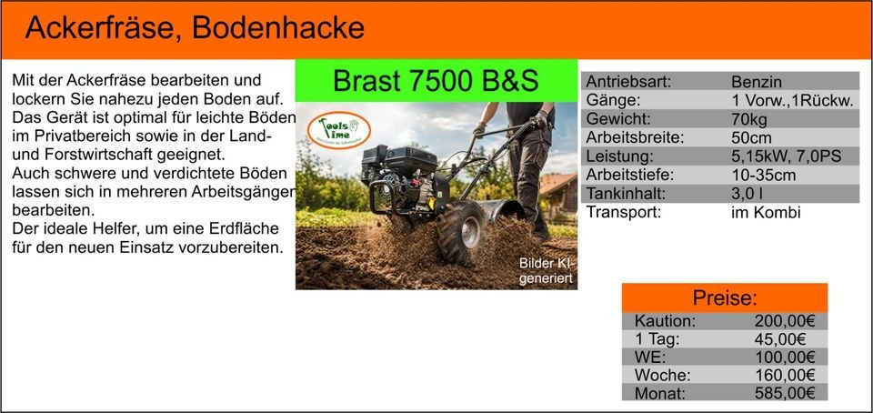 Ackerfräse Motorhacke Bodenfräse BRAST umgraben mieten bei Tools4Time – 2