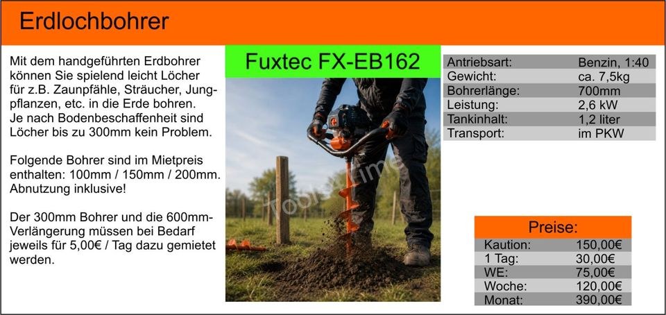 Erdbohrer Fuxtec Erdlochbohrer Zaunpfahl Hülse mieten bei Tools4Time – 2