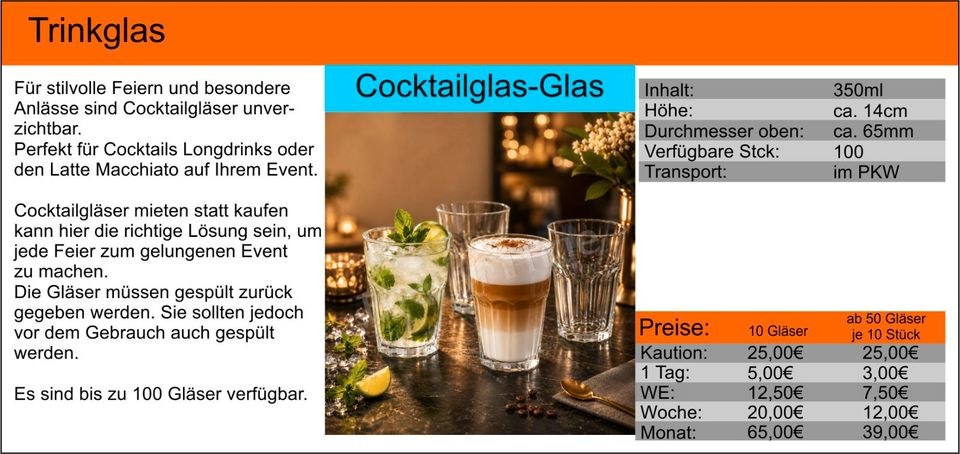 Cocktailglas Gläser Empfang Latte Macchiato mieten bei Tools4Time – 2