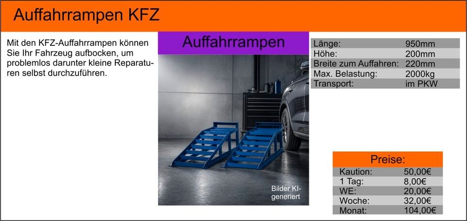 KFZ Auffahrrampen Autorampen Ölwechsel Wartung mieten bei Tools4Time – 2
