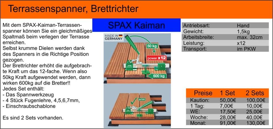 Terassen Werkzeug Spax Kaiman Pro Brettrichter mieten bei Tools4Time – 2