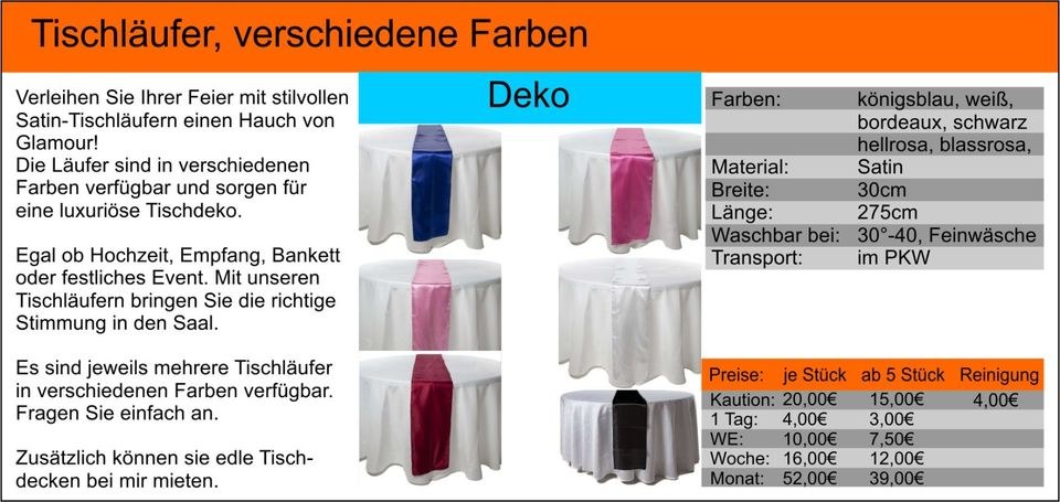 Tischläufer Satin viele Farben Deko mieten in Hemer – für die Hochzeit – 2