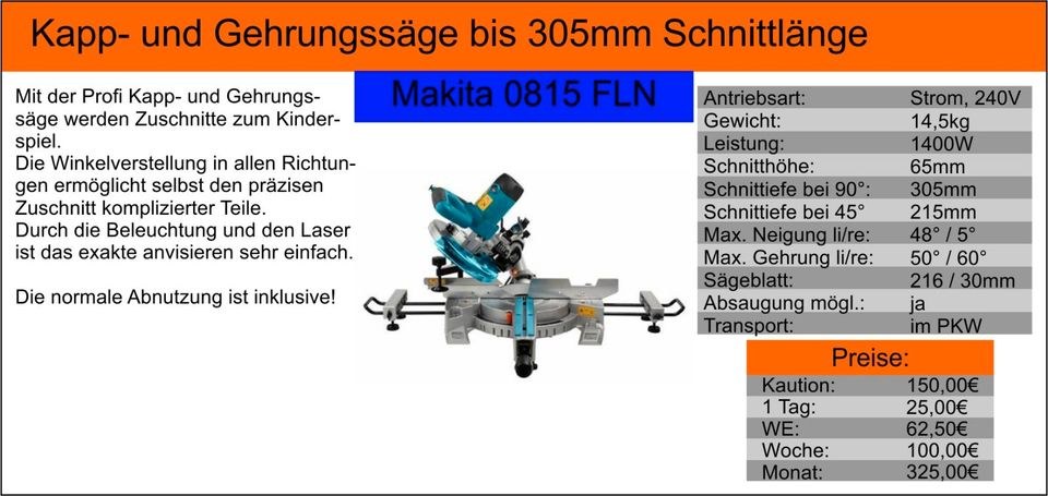 Kapp Gehrungssäge Makita Kappsäge mehr mieten bei Tools4Time – 2