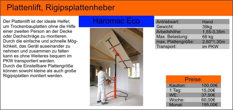 Plattenlift Plattenheber Rigipslift mehr mieten bei Tools4Time – 2