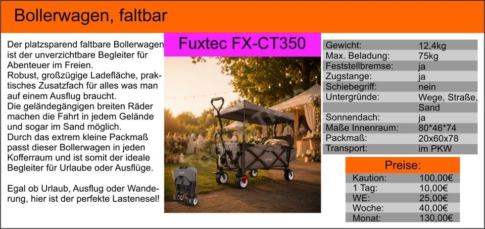 Bollerwagen faltbar Fuxtec FX CT350 Ausflug mieten bei Tools4Time – 2
