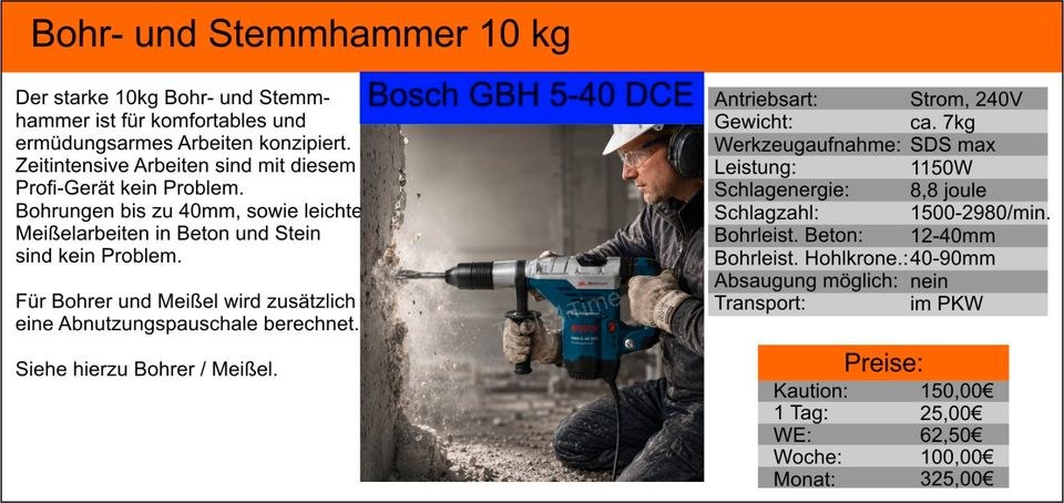 Meißel Stemm Bohrhammer Kombihammer Bosch 10kg mieten bei Tools4Time – 2