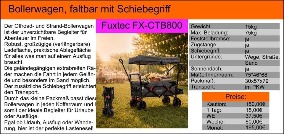 Bollerwagen faltbar Fuxtec FX CTB800 Ausflug mieten bei Tools4Time – 2