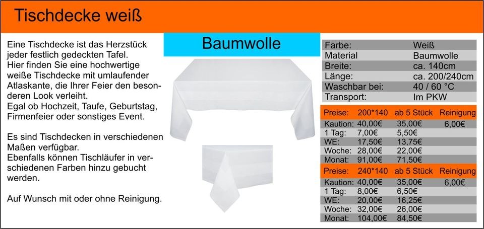 Tischdecke weiß Baumwolle mieten bei Tools4Time – für Fest & Ausschank – 2